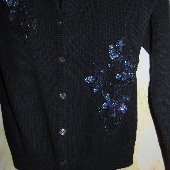 Vintage Amanda Smith Sweater Large Black Sequin Silk Angora Rabbit Cardigan L - Picture 8 of 9